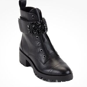 KARL LAGERFELD PARIS PAYSON JEWELED STRAP BLOCK HEEL COMBAT Boots BLACK 8,5